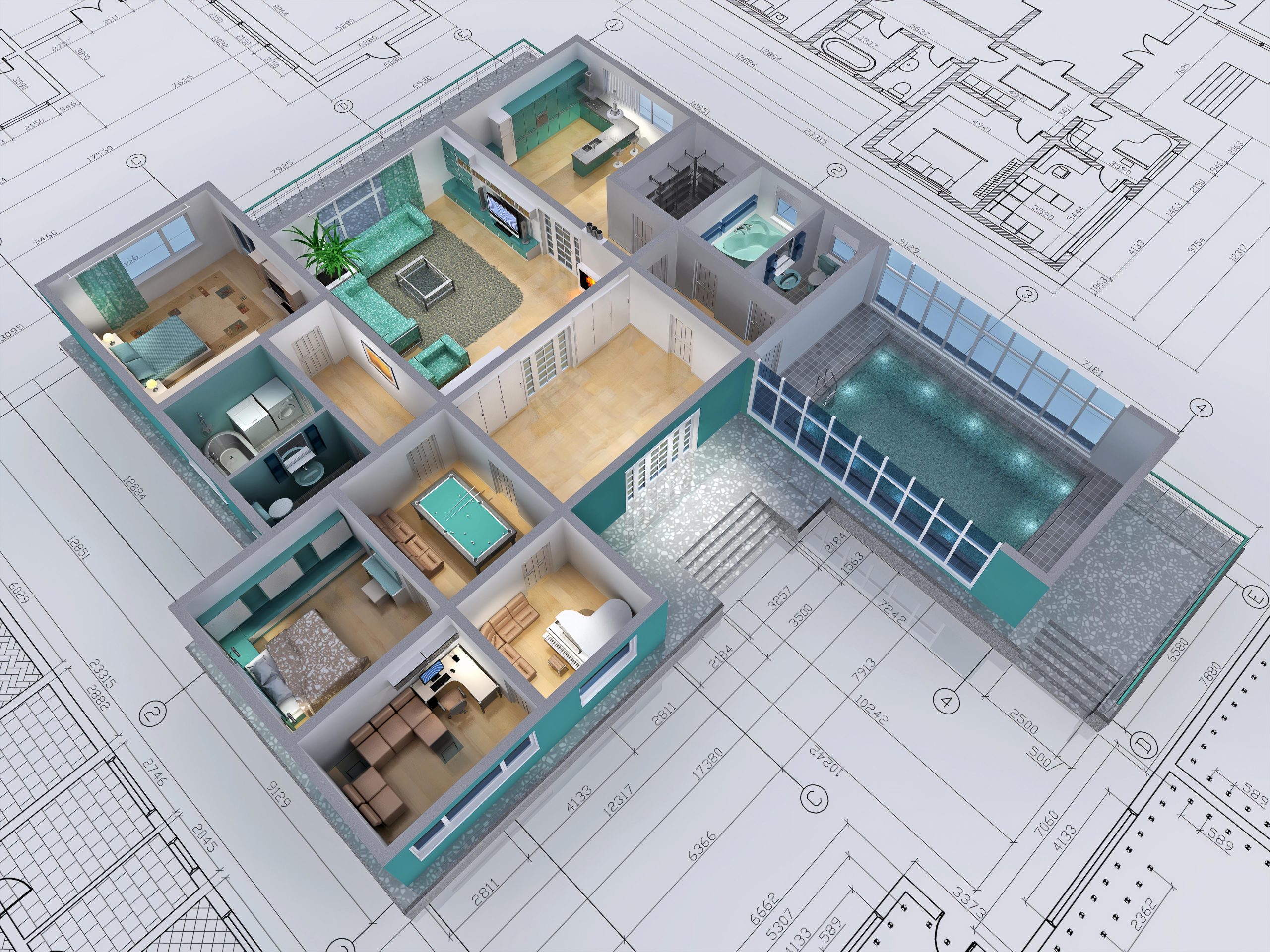 Computer screen displaying architectural design software with building plans